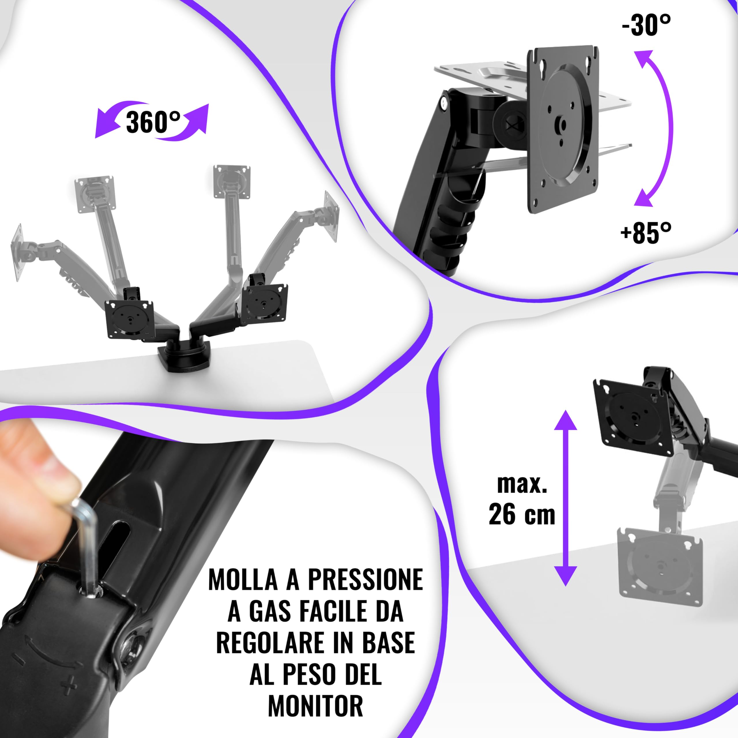 Poppstar Braccio monitor doppio regolabile in altezza per 2 monitor da 17-27 pollici (braccio 360° orientabile, rotabile, inclinabile) Supporto monitor per PC, nero