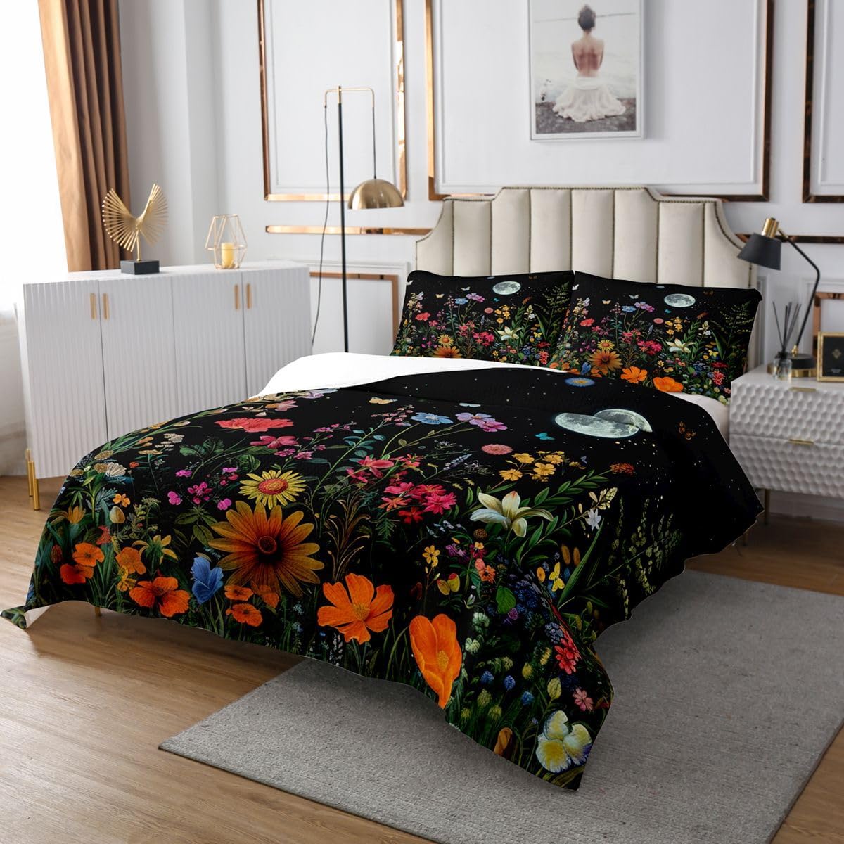 Colorful Flowers Bedspread Twin Size,Moon Starry Sky Bedding for Kids Teens Bedroom Decor,Botanical Floral Plants Coverlet Set,Black Orange Green Quilt Set for All Season,2 Pcs with 1 Pillowcase