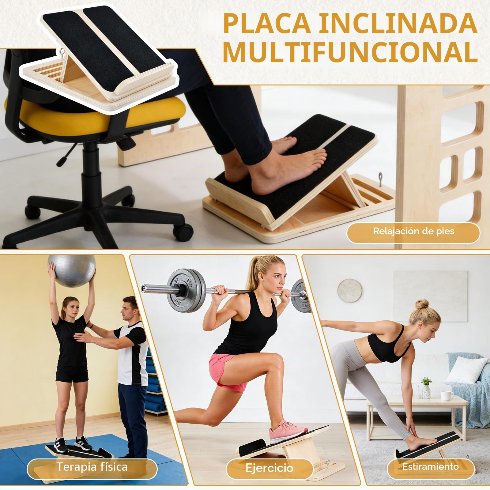 Tabla Inclinada de Madera, Tabla Inclinada Ajustable de Madera, Plataforma de Fitness Antideslizante para Estiramientos, Tablas de Estiramiento de Pantorrilla para Sentadillas/Piernas
