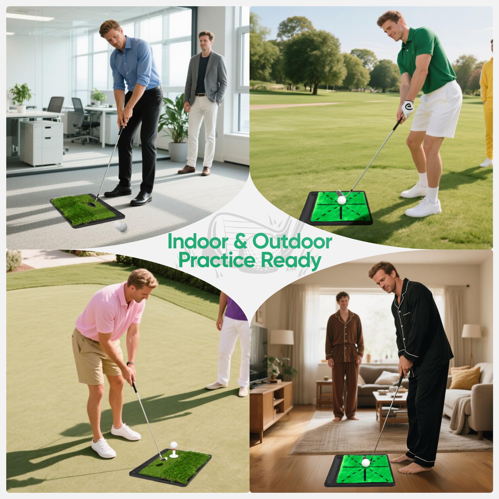 Golf Abschlagmatte, 38.5x24.5cm Golf Übungsmatte mit Dual-Turf (35mm Rough & 10mm Fairway), Schwungbahn-Feedback, Komplettes Trainingsmatte Set inkl. 8 Bällen + 7 Tees, für Indoor/Outdoor