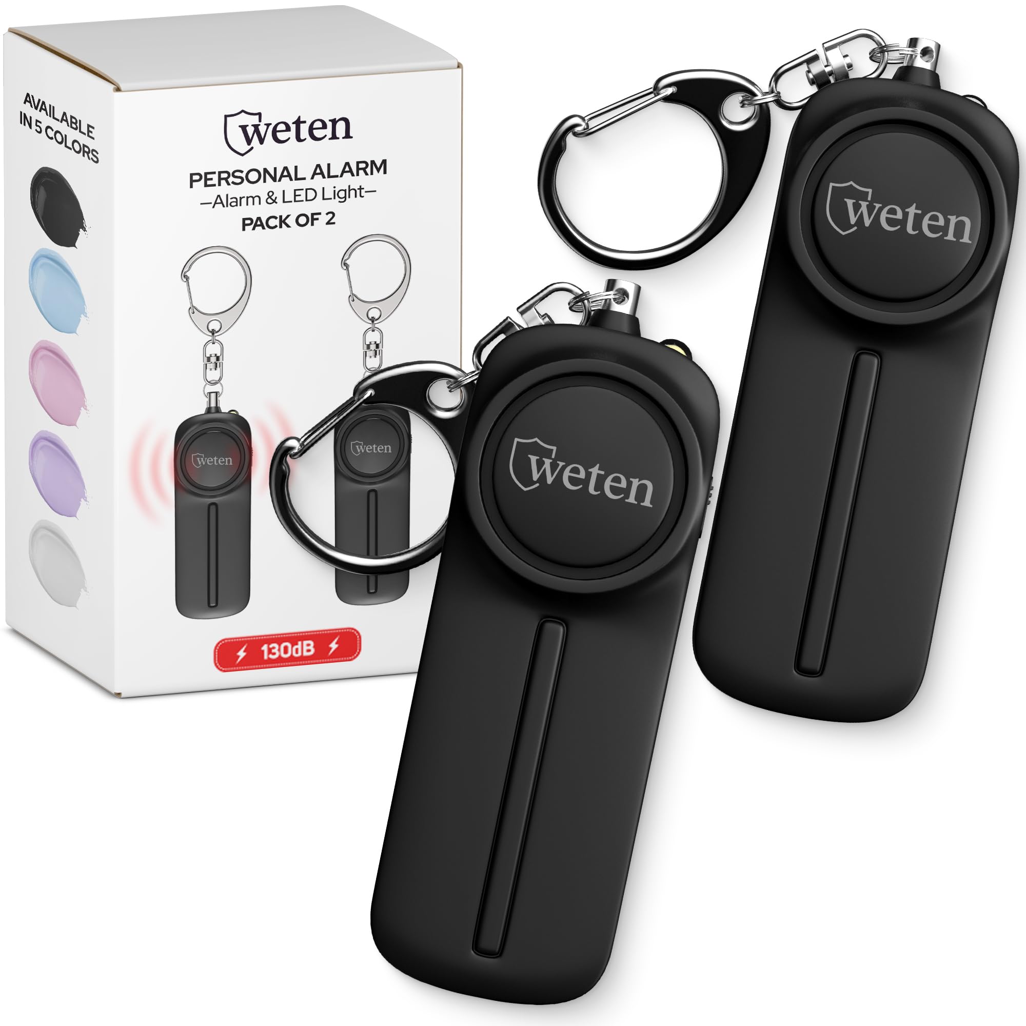 Lot de 2 porte-clés d'alarme de sécurité personnelle pour femme - Sirène d'autodéfense puissante avec lumière - Protection contre la panique d'urgence 130 dB WETEN
