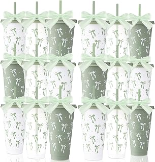 Skylety 24 Pcs Green Bow Plastic Cups with Lid Straw and Ribbon | 24 oz Reusable Drinking Cups with Bow Ribbon, For Bachelorette Party, Wedding, Baby Shower, Birthday Party Favors