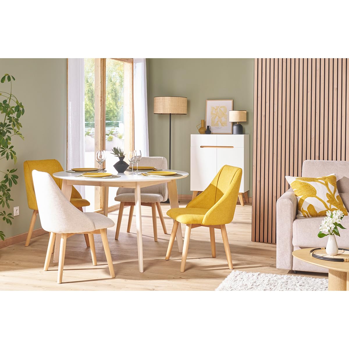 Miliboo – Mesa de comedor diseño redondo extensible blanco y madera Leena