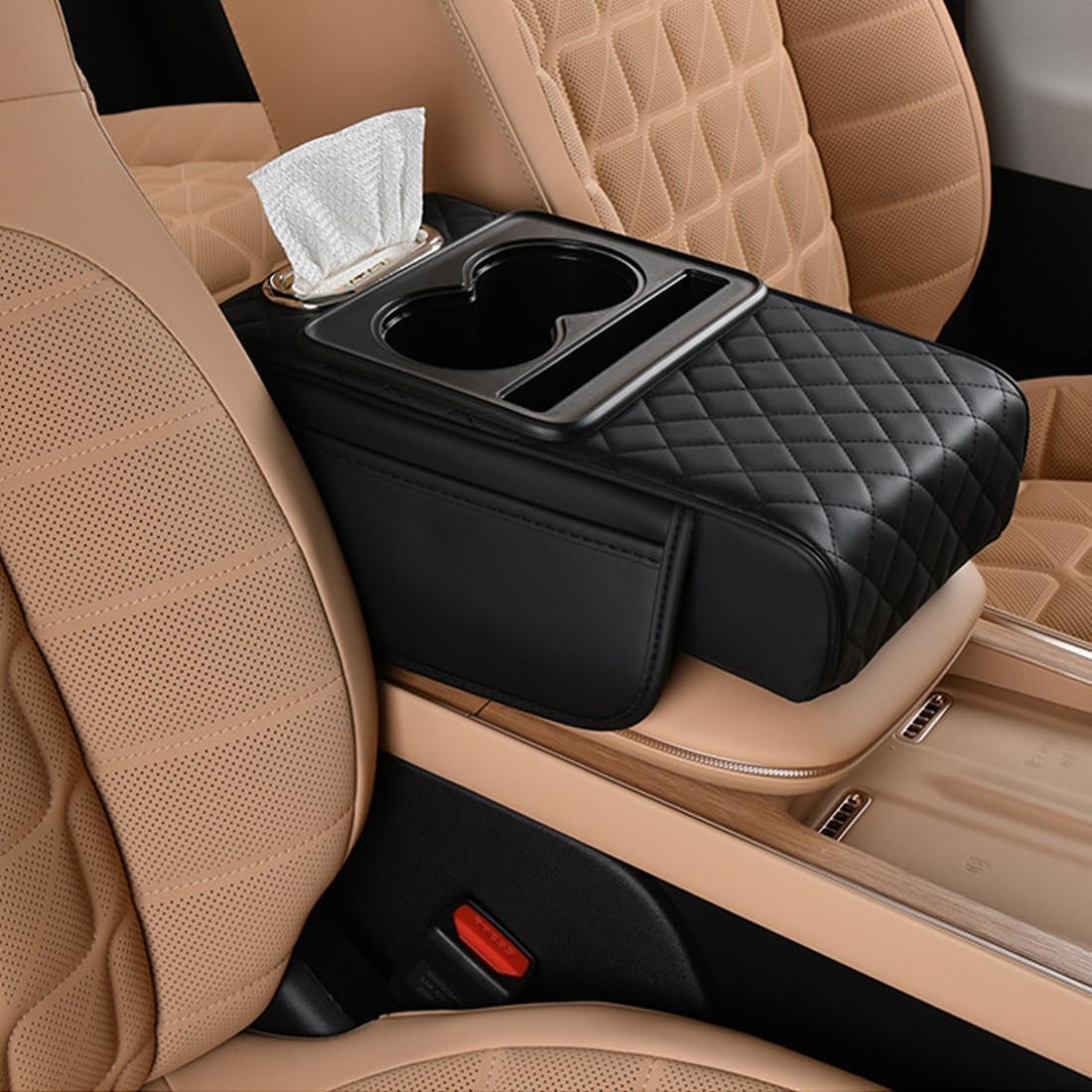 Leather Car Armrest Cushion with Dual Cup Holders & Storage Box, Universal Center Console Hand Rest Cover, Quilted Car Armrest Organizer with Tissue Holder for Cars, SUVs & Trucks, Easy Installation-image-37