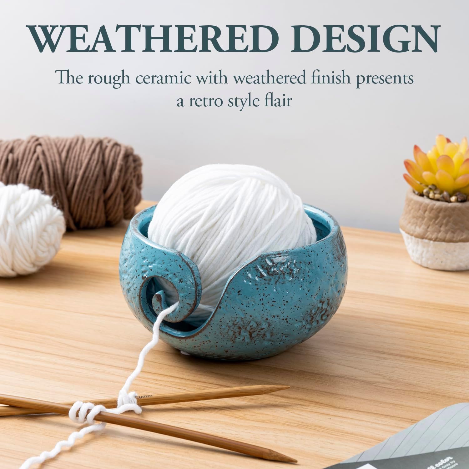 MyGift Turquoise Ceramic Tangle-Free Yarn Ball Bowl, Rustic Handcrafted Knitting Crochet Bowl with Cut Out Swirl