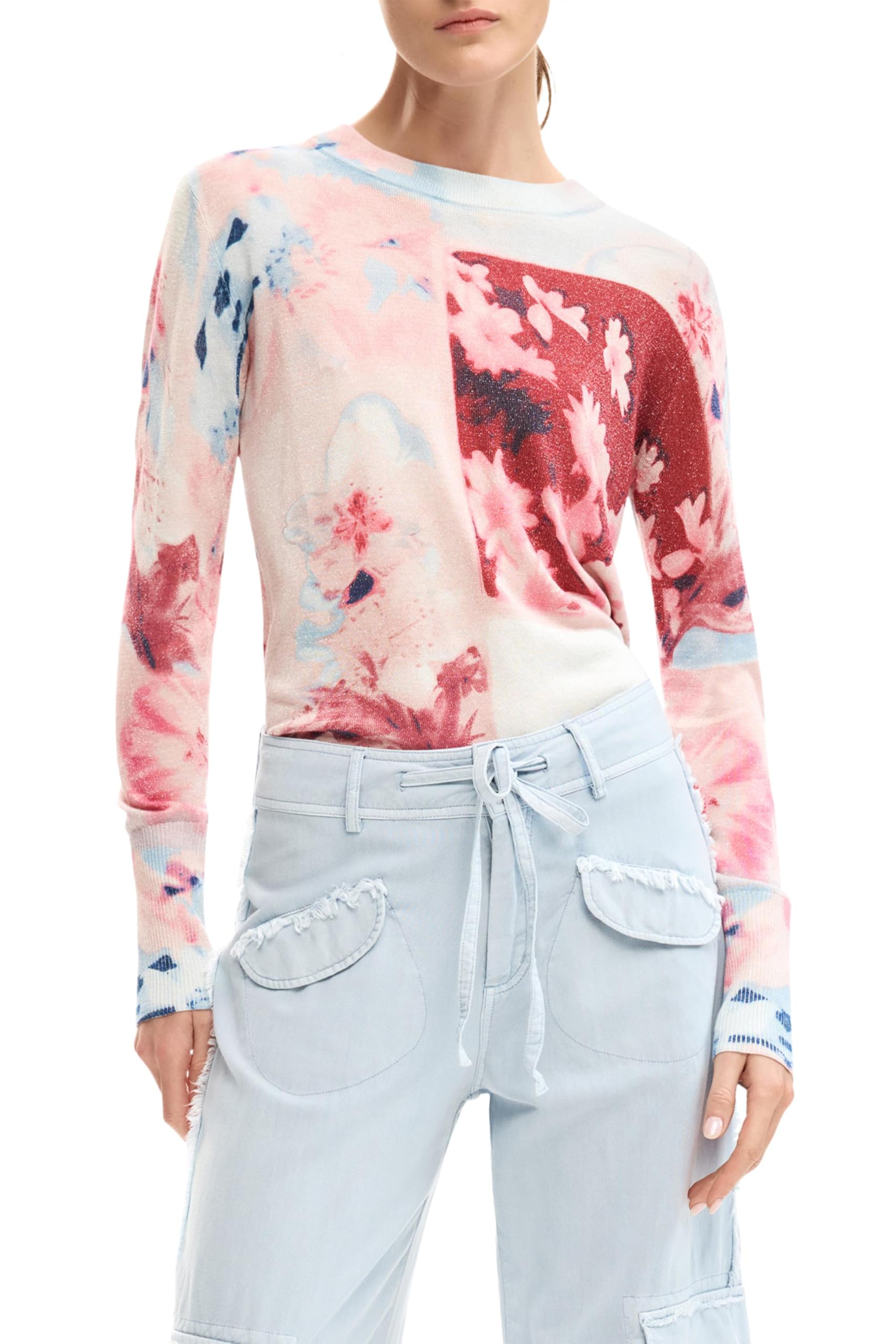 Desigual Women's Pink Copenhague Crew Neck Long-Sleeved Patterned T-Shirt - Round-Neck Knitwear - S - Knitwear