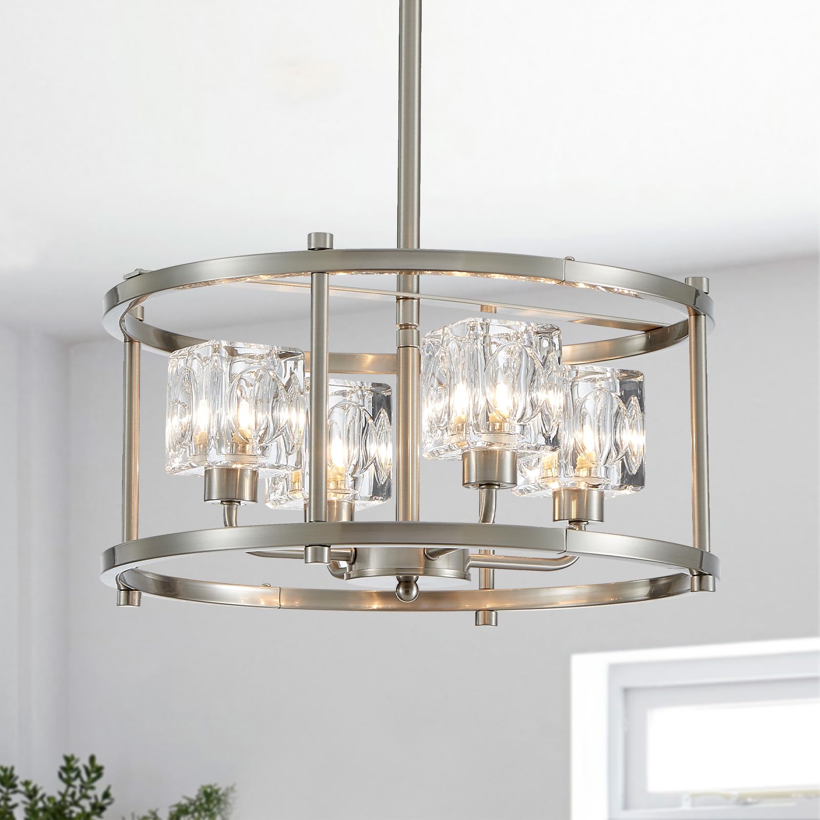 Majhoiw Brushed Nickel Ceiling Light Modern 4-Light Pendant Lighting Fixture 15.7" Adjustable Height Chandeliers with Glass Lampshade Rustic Round Lights for Bedroom Dining Room Kitchen Foyer