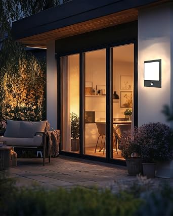 Aluminum Outdoor Wall Lights with Sensor 8.5 W Integrated LED Light 4000K IP44 Exterior PIR Outdoor Wall Light Black Die Cast Aluminum for Garden Patio Lighting [Energy Class E]
