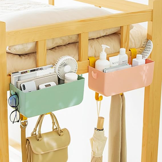 Bedside Hanging Storage Basket with Hooks, Large Capacity Dorm Hanging Storage Box Rack, Bed Shelf Holder Organizer Caddy for Book Phone, Suitable for Home Office School Dormitory Bunk Beds Loft RV