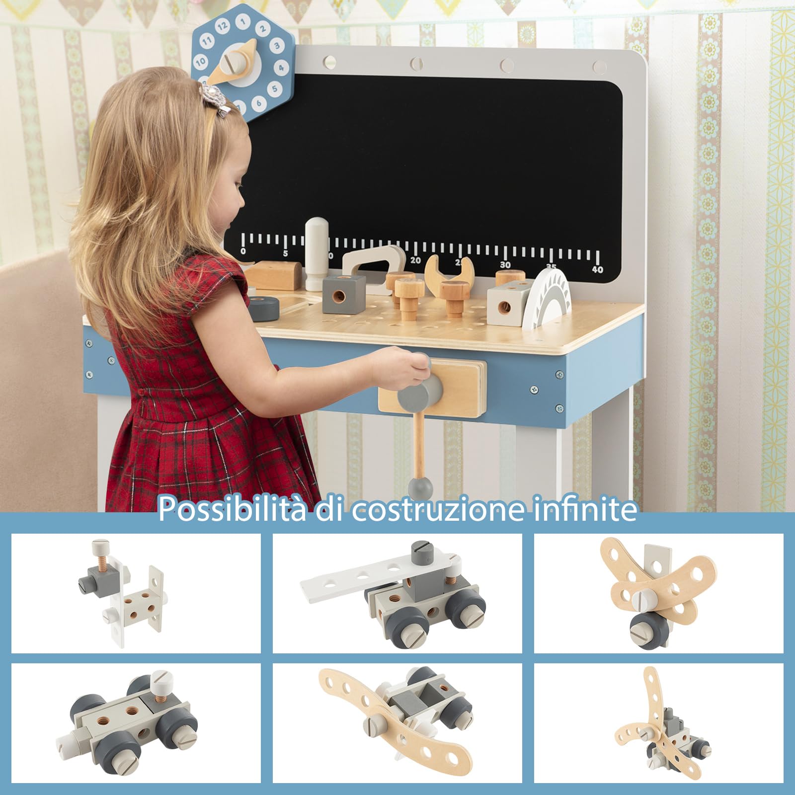 COSTWAY Set Banco da Lavoro per Bambini, Tavolo da Lavoro per Bambini in Legno con 61 Attrezzi e Parti, Giochi Costruzione Educativi, per Bambini 3-5 Anni