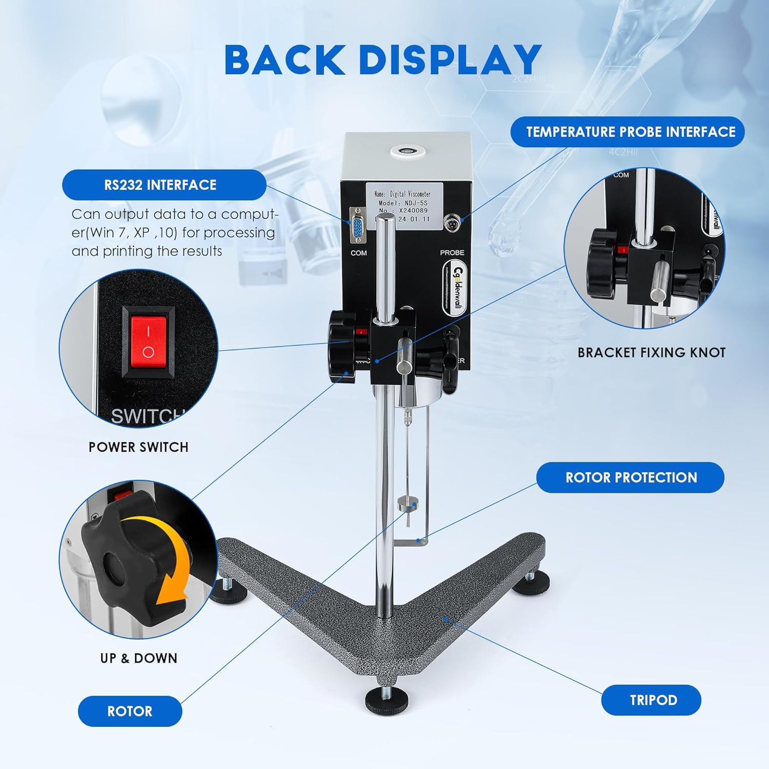 CGOLDENWALL Viscómetro giratorio digital Viscómetro Rotacional Viscosidad Medidor Fluidímetro Medidor Newton Viscómetro Líquido Pantalla LCD con 4 rotores (NDJ-5S: Rango de medición 1-100.000 mpa.s)
