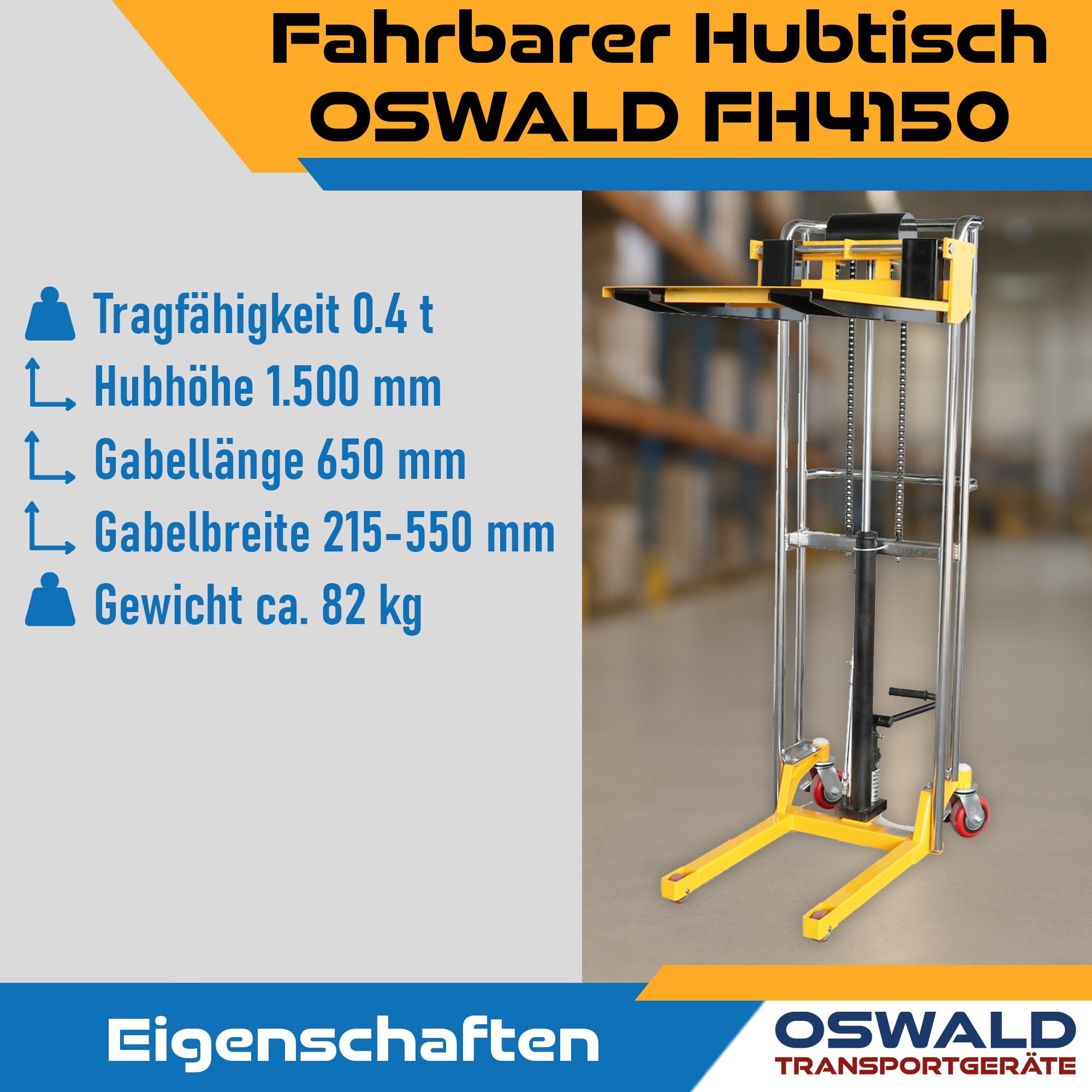 Fahrbarer Hubtisch mit Gabeln und Plattform, Mini-Stapler, 400 kg, 1,5 m Hubhöhe, 650 mm Gabellänge