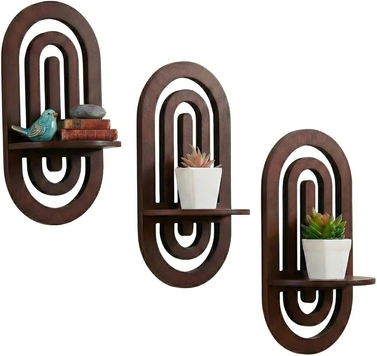 Boho Decor Wall Floating Shelves with Oval Wood Design,Dark Brown Wood Display Rack,Three-piece Set,Suitable for Both Home and Office