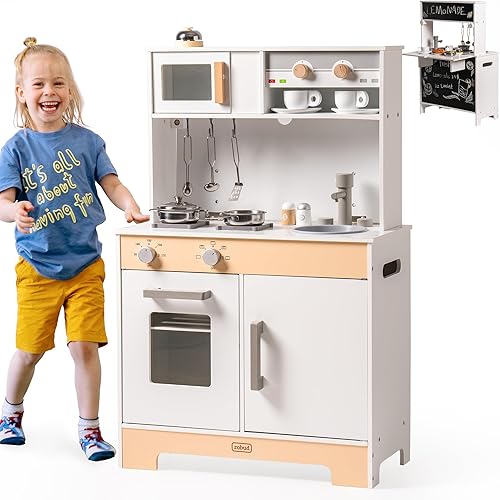 ROBUD Montessori - Juego de cocina de madera para niños con temas personalizables, juguete de cocina para niños pequeños con pizarra creativa de