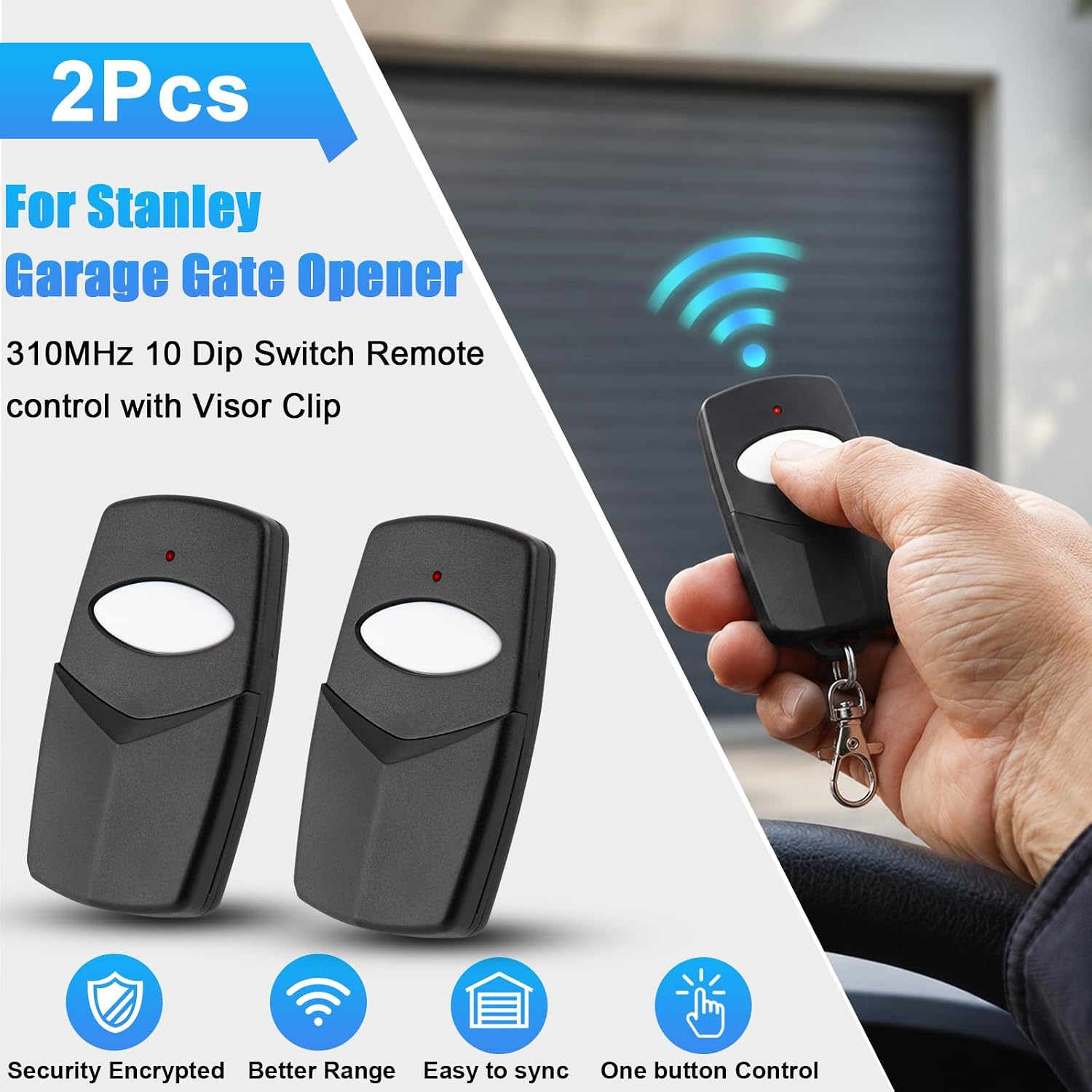 2-Pack Garage Door Opener Remote for Stanley 310MHz 10 Dip Switch 1050. | Compatible with Stanley Remote Control 1050, 1082, 105015, 109410 - Digi-Code 5012, 5062, 5032, 5042, 5072 Gate Transmitter