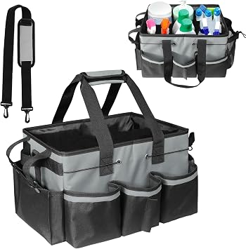 Cleaning Caddy Bag with Handle - XXL 900D Waterproof Cleaning Tote for Housekeepers, Adjustable Shoulder Strap, Extra Large Multi-Pocket Storage Organizer for Cleaning Supplies Grey
