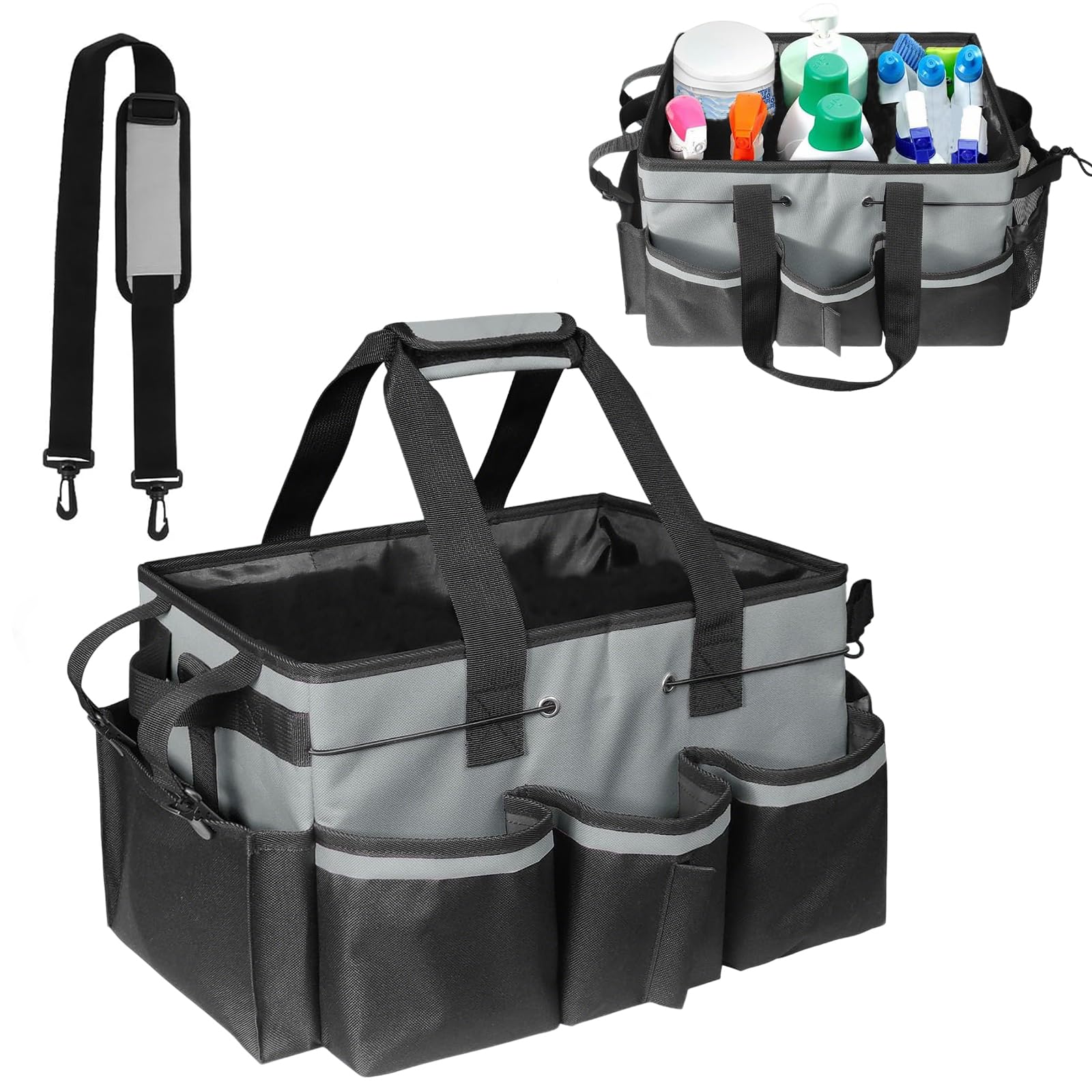 HUAXITRA Cleaning Caddy Bag with Handle - XXL 900D Waterproof Cleaning Tote for Housekeepers, Adjustable Shoulder Strap, Extra Large Multi-Pocket Storage Organizer for Cleaning Supplies (Grey) — image 1