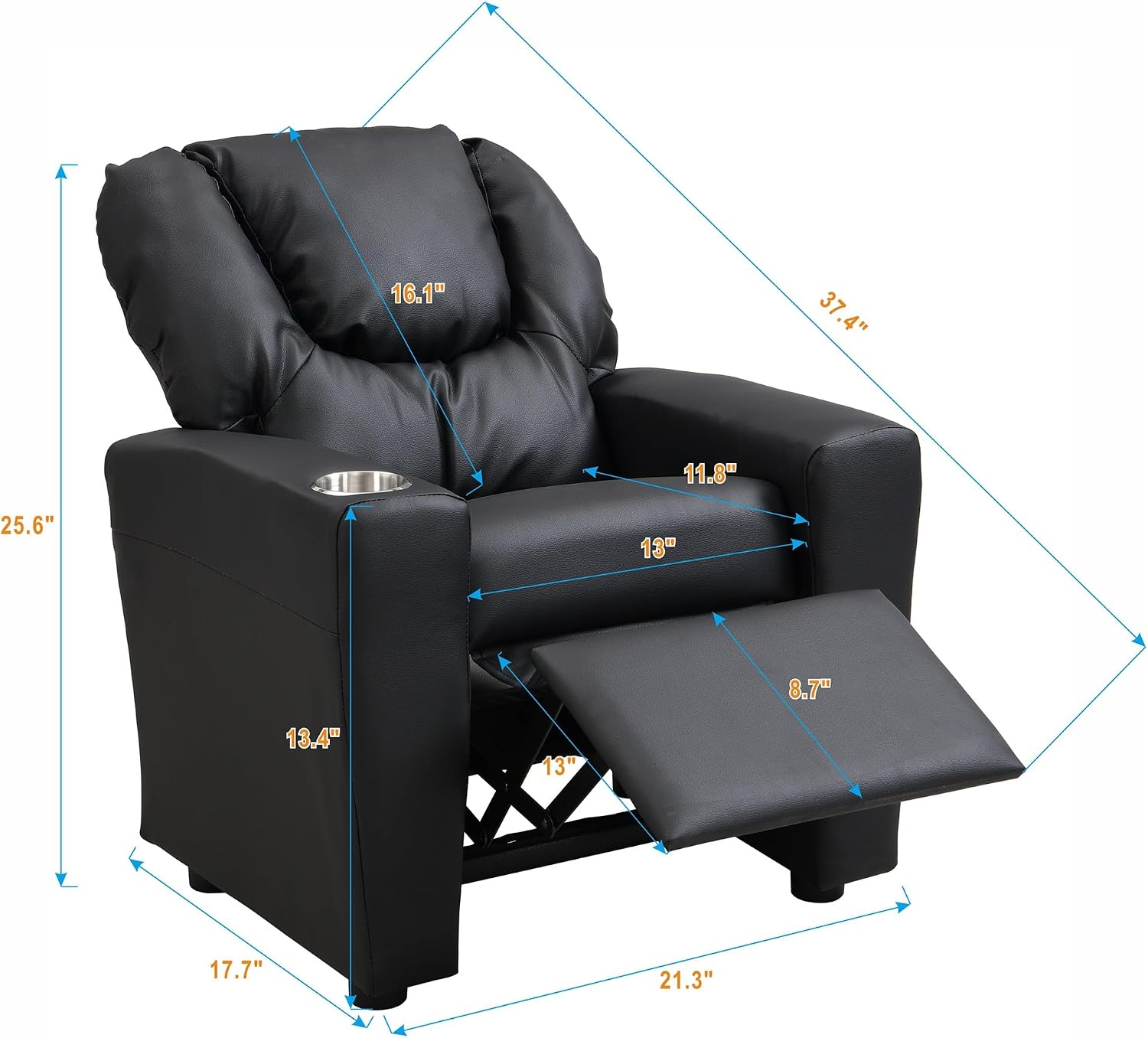 Recliner Chair Black PVC - Durable Recliner with Cup Holder, Ergonomic Design, Weight Capacity 150 lbs