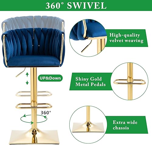Miniatura 23 de SZLIZCCC Taburete de bar ajustable de terciopelo moderno, taburete de bar giratorio de 360 grados, taburete de isla de cocina curvado con respaldo