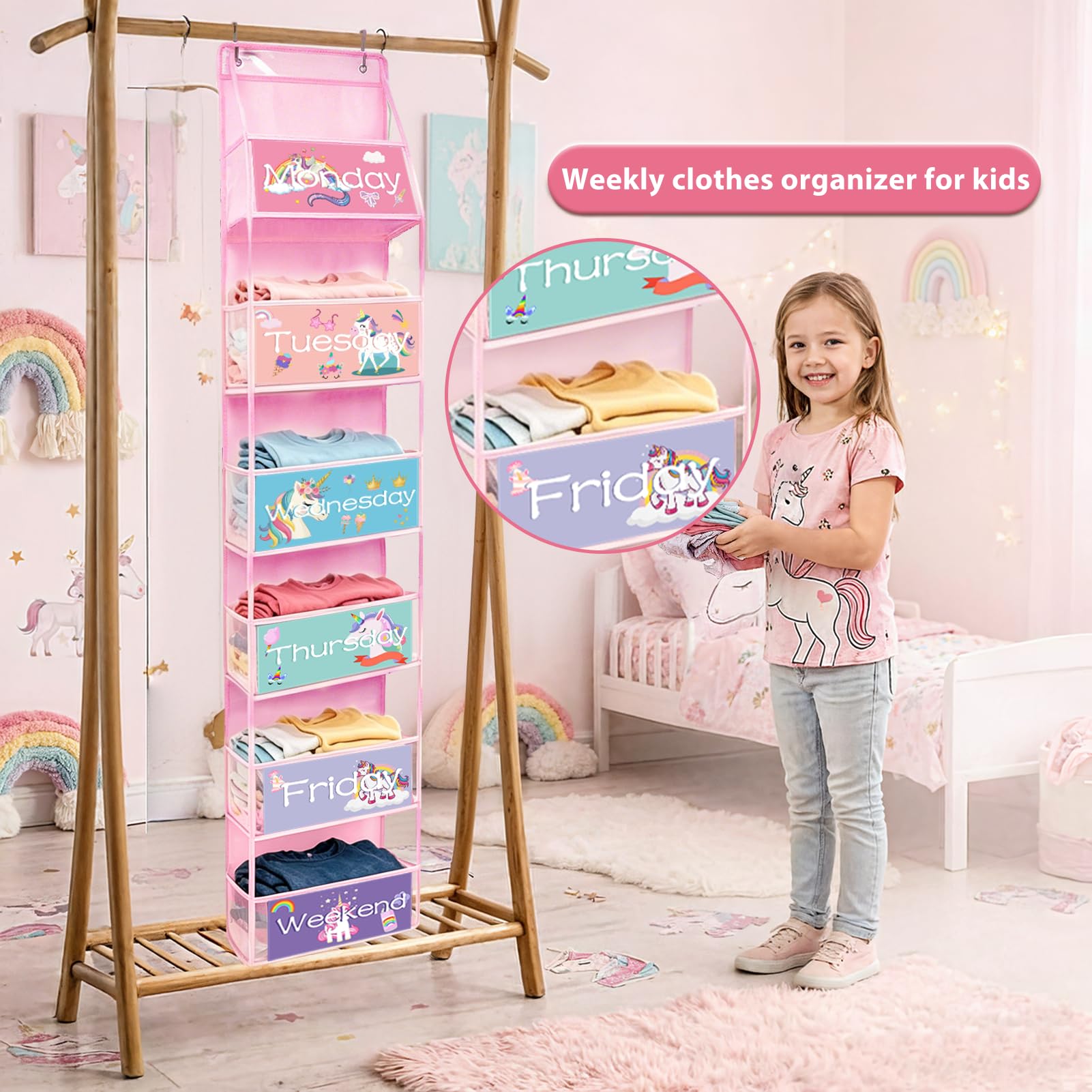 Lot de 2 organiseurs de vêtements hebdomadaires à 6 étagères, organiseur de placard à suspendre pour enfants avec 2 ensembles d'autocollants pour jour de la semaine, 15 x 30 x 134,6 cm (rose)