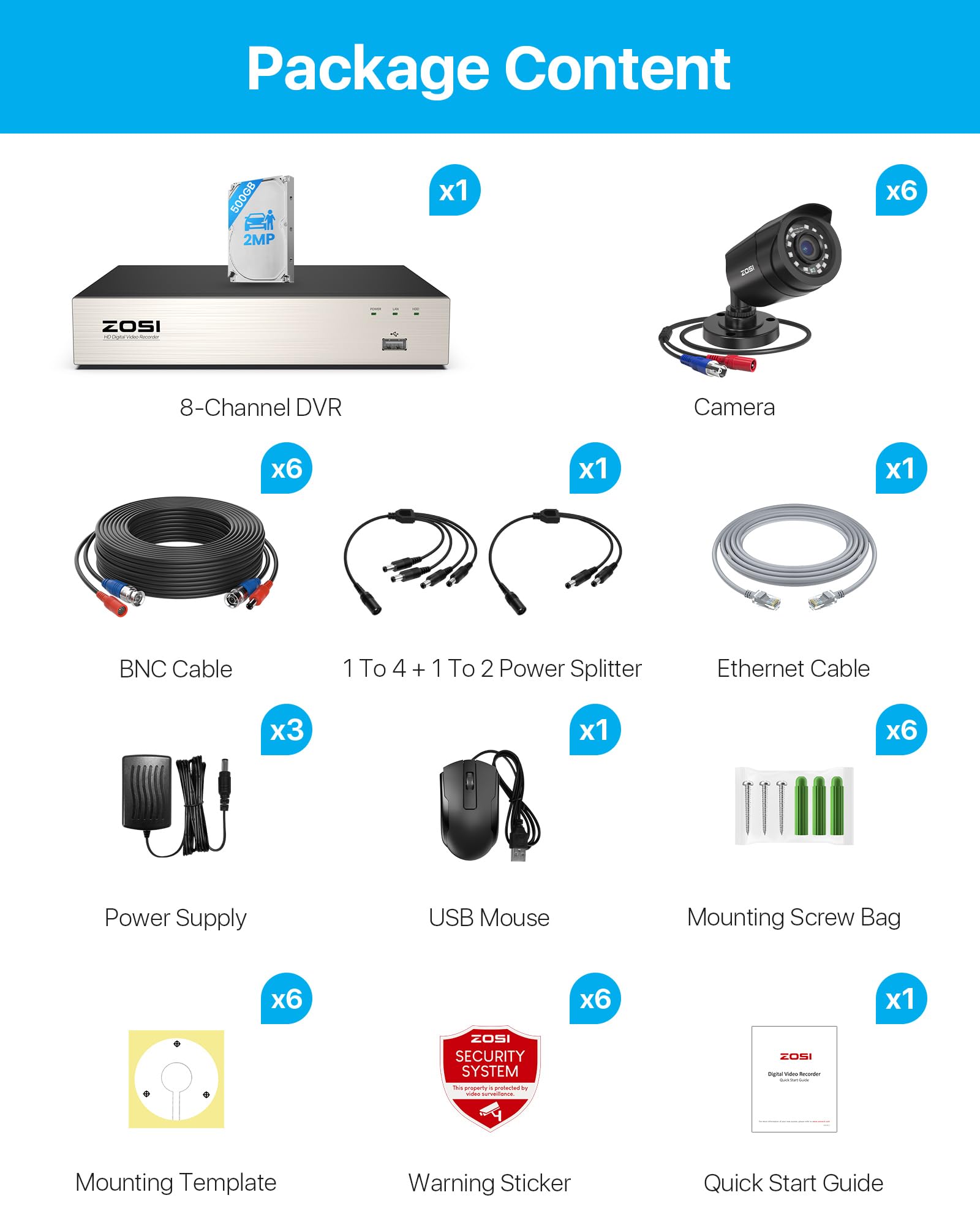 ZOSI 1080P Set Telecamera di Sorveglianza Esterna 8CH 500GB DVR e 6 Telecamere di Sicurezza Video Cablate 1080P per Esterni, Riconoscimento di Persone e Veicoli, Rilevamento di Movimento