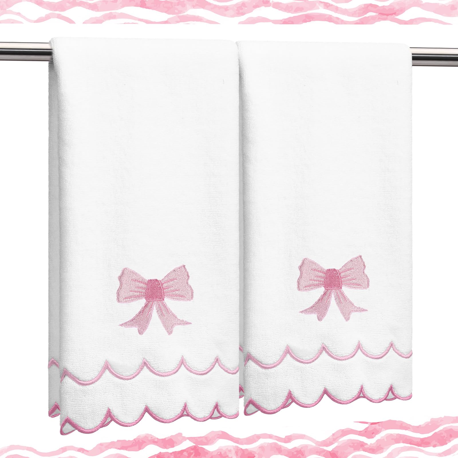 Hahafelt 2 Toallas de Mano festoneadas 100% algodón para baño, 15.75 x 27.56 Pulgadas, 500 g/m², Lindas y absorbentes Bordadas para Hotel, SPA, Deporte, Yoga (Rosa, Lazo)