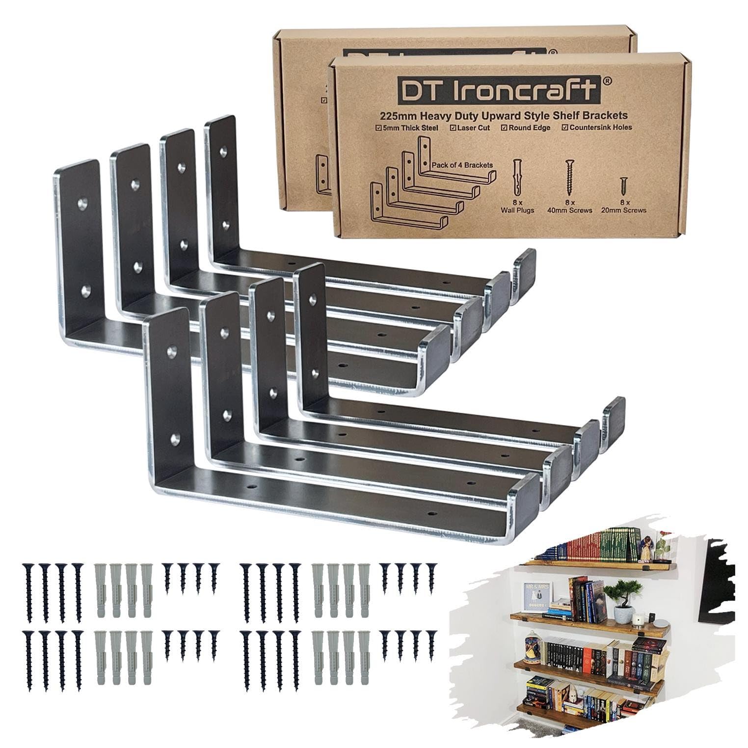 Shelf Brackets for Scaffold Board Shelving - Heavy Duty Durable Industrial Style 9 inch Shelf Bracket with Lip - Made from 5mm Steel by DT Ironcraft - 225x40mm (Raw Steel, Lip UP 8 pcs)