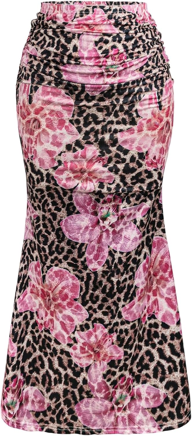 WDIRARA Women's Plus Size Leopard Floral Maxi Skirt Ruched Fishtail Bodycon Skirts