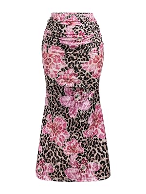 Verdusa Womens Plus Size Leopard Floral Fishtail Bodycon Skirt Boho Ruched Maxi Skirts