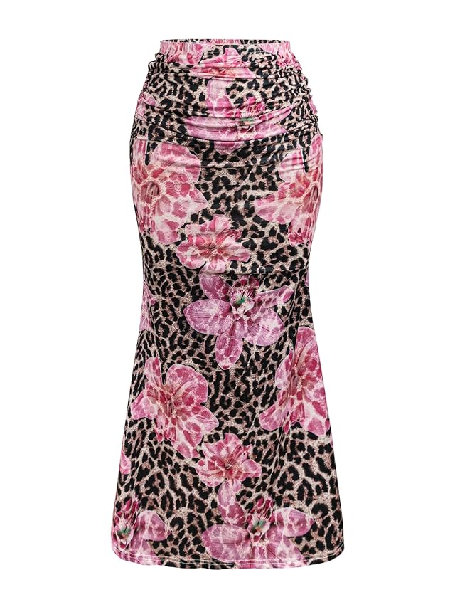 Verdusa Womens Plus Size Leopard Floral Fishtail Bodycon Skirt Boho Ruched Maxi Skirts