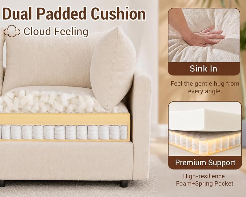 97" Cloud Couch Sectional Sofas for Living Room, L Shape Modular Cloud Sofa with Movable Ottoman, Chenille Comfy Couches 4 Deep Seats for Apartment, Office, Bedroom, Beige image 4