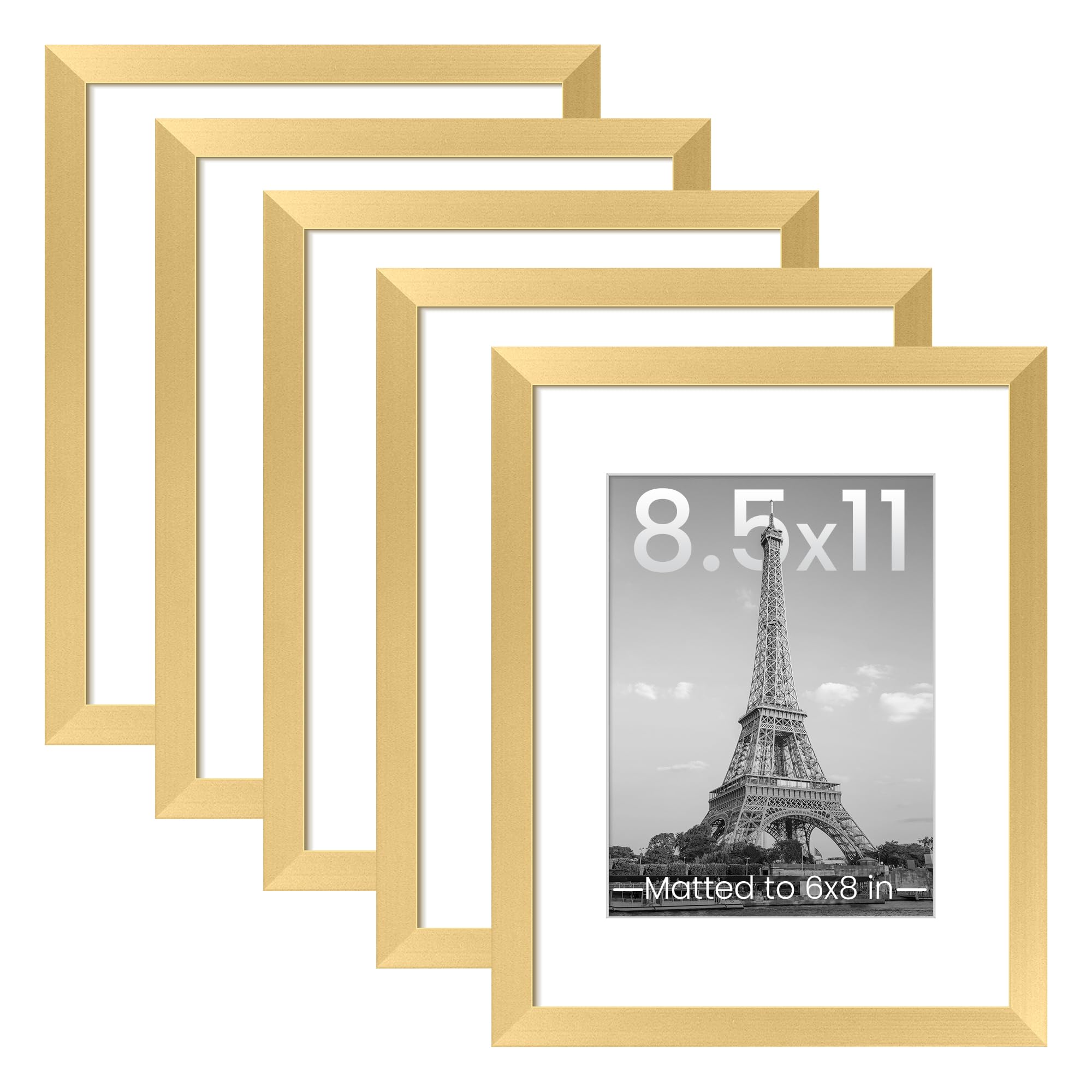 upsimples 8.5x11 Picture Frame Set of 5, Display Pictures 6x8 with Mat or 8.5 by 11 Without, Wall Gallery Photo Frames, Gold