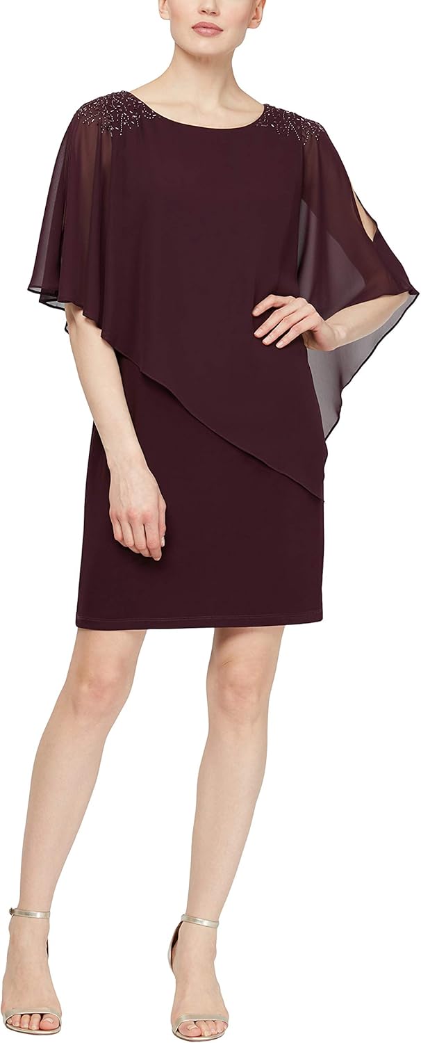 S.L.Fashions Women’s Short Sheath Capelet Gown with Asymmetric Overlay,Mother of The Bride Dress,(Petite and Regular Sizes)