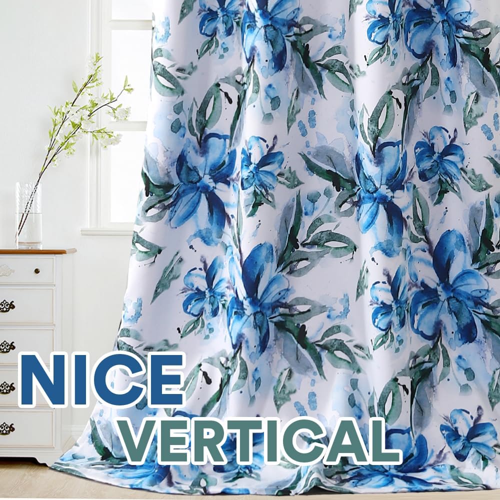 Floral Printed 100% Blackout Curtains for Bedroom 84 Inches Long Blue and Green Patterned Curtains for Living Room Watercolor Window Drapes Thermal Soundproof Grommet 2 Panels Set