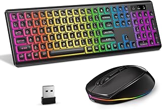 Doohoeek Wireless Backlit Keyboard Mouse Set, Rechargeable Wireless Keyboard and Mouse with 2-in-1 USB Receiver, Full-Size Keyboard with 7 Colors Backlight for Windows PC/Computer