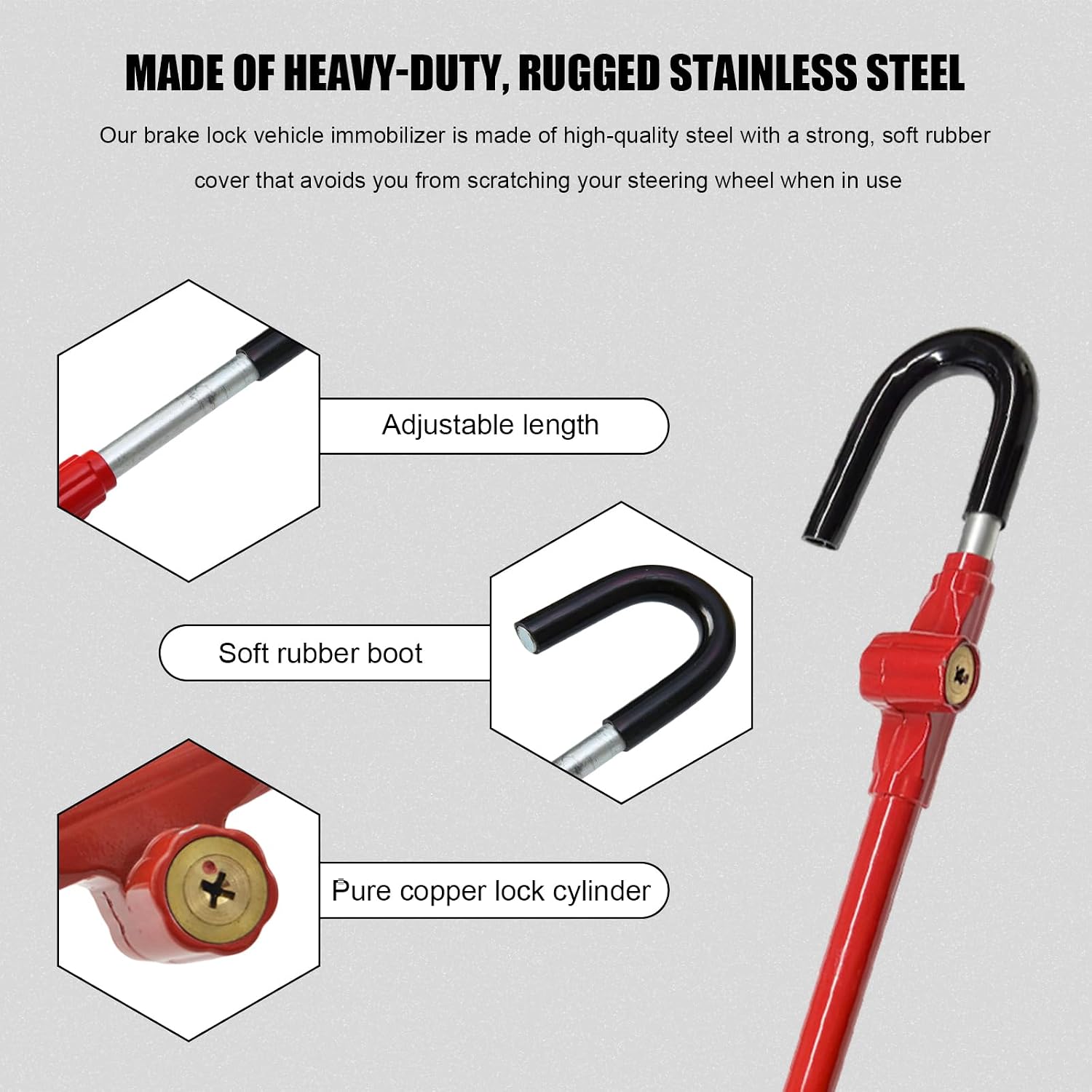 Steering Wheel Lock, Extended Anti Theft Device Wheel Security Lock with Adjustable Length, Universal Heavy Duty Brake Pedal Retractable Hook with Keys for Car Truck SUV Van