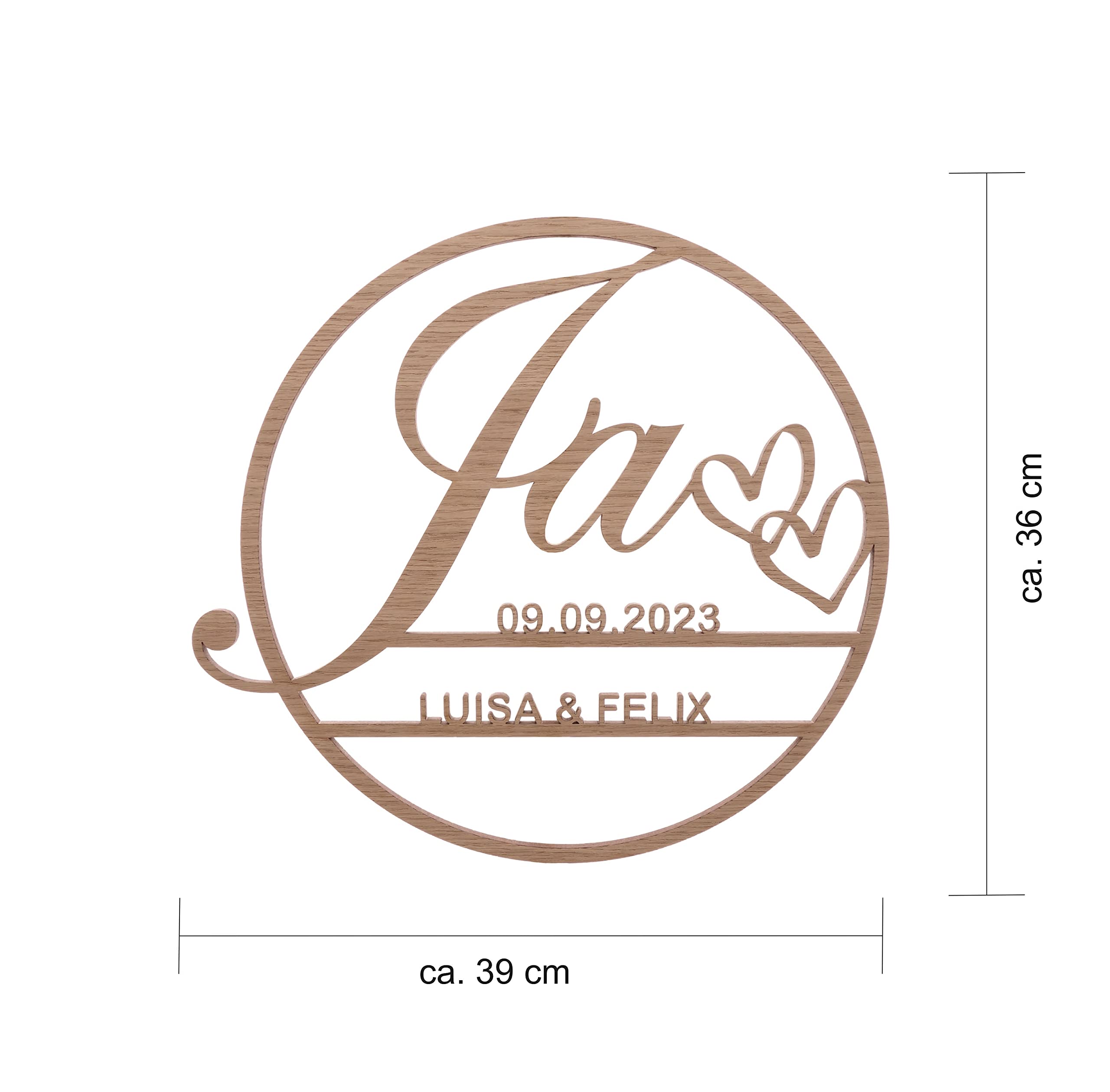 Personalisierter Hochzeitskranz aus Holz | mit Namen & Datum | Hochzeitsgeschenk | Geschenkidee zur Hochzeit | Hochzeitsdeko | Pohmer Design (39 x 36 cm, Eiche furniert)