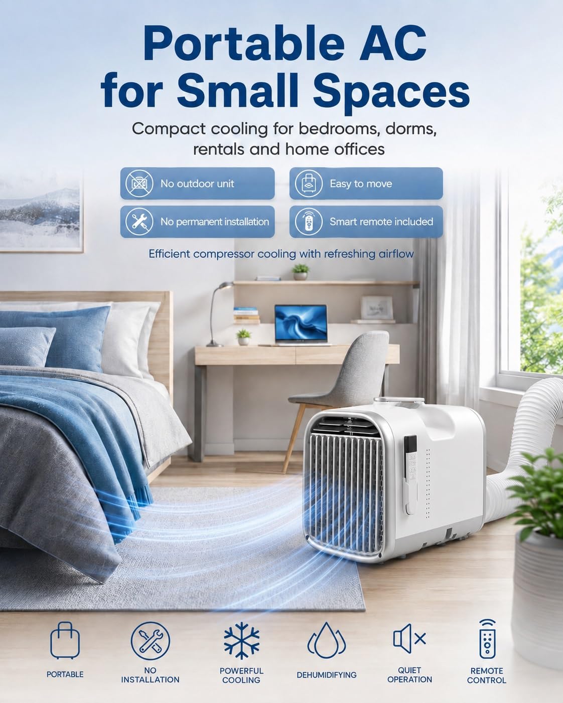 Klimatyzator bez jednostki zewnętrznej 4400/5100 BTU, przenośny klimatyzator podróżny 4 w 1, poniżej 45 dB, ekran dotykowy, osuszacz, do sypialni, kempingu i przyczepy kempingowej
