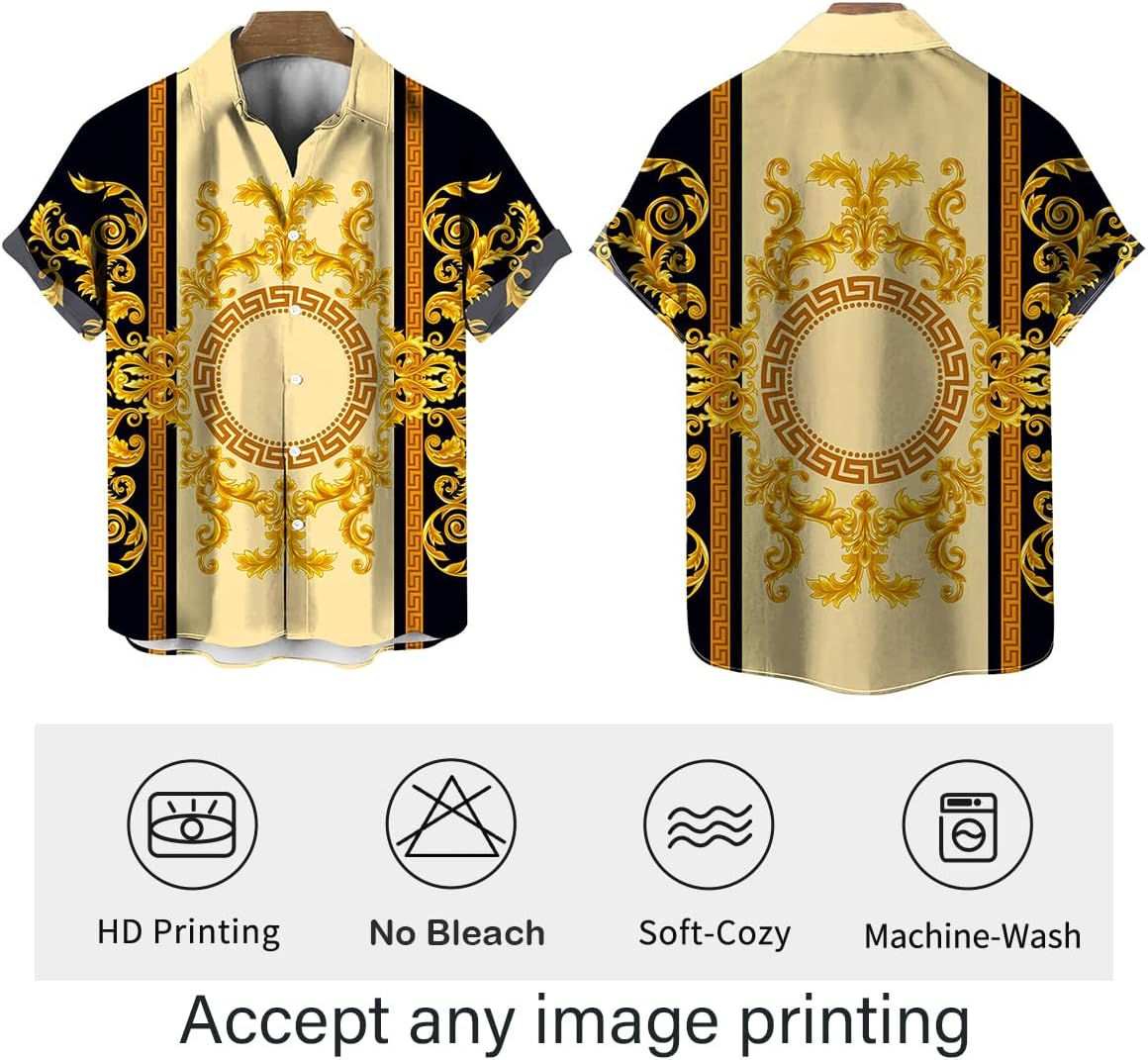 Funny Gold Floral Shirt Fashion Hip Hop Graphic Short Sleeved Button Shirt - Image 3