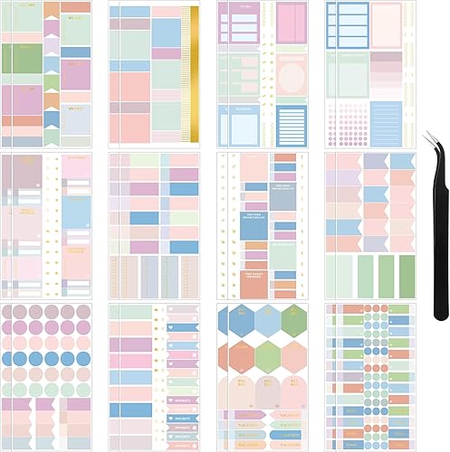 Miniatura 8 de 24 hojas de calcomanías funcionales pastel para planificador con pinzas para codo, calcomanías metálicas funcionales y elegantes para