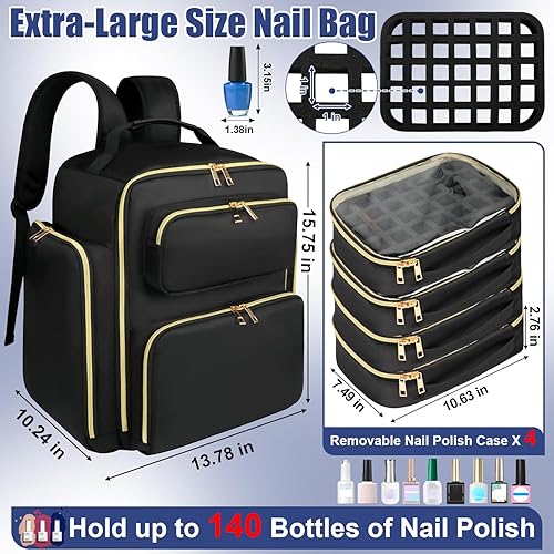 Miniatura 4 de Mochila organizadora de esmalte de uñas con capacidad para 140 botellas y lámpara UV, bolsa de almacenamiento extra grande de suministros de arte de