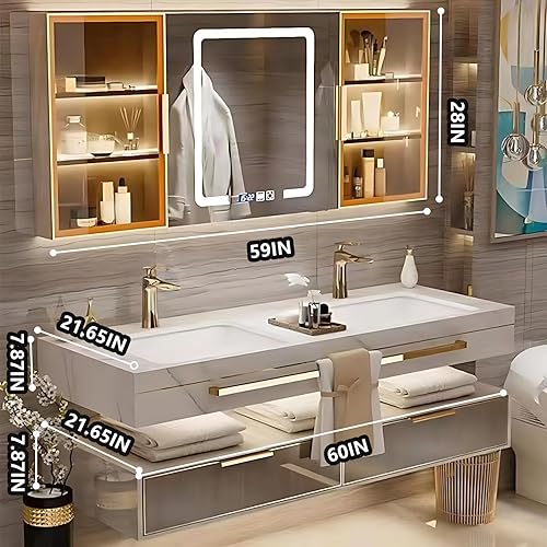 Miniatura 6 de Tocador de baño con fregadero, lavabo individualdoble y gabinete con espejo LED para eliminar la niebla, diseño moderno, tocador flotante montado en