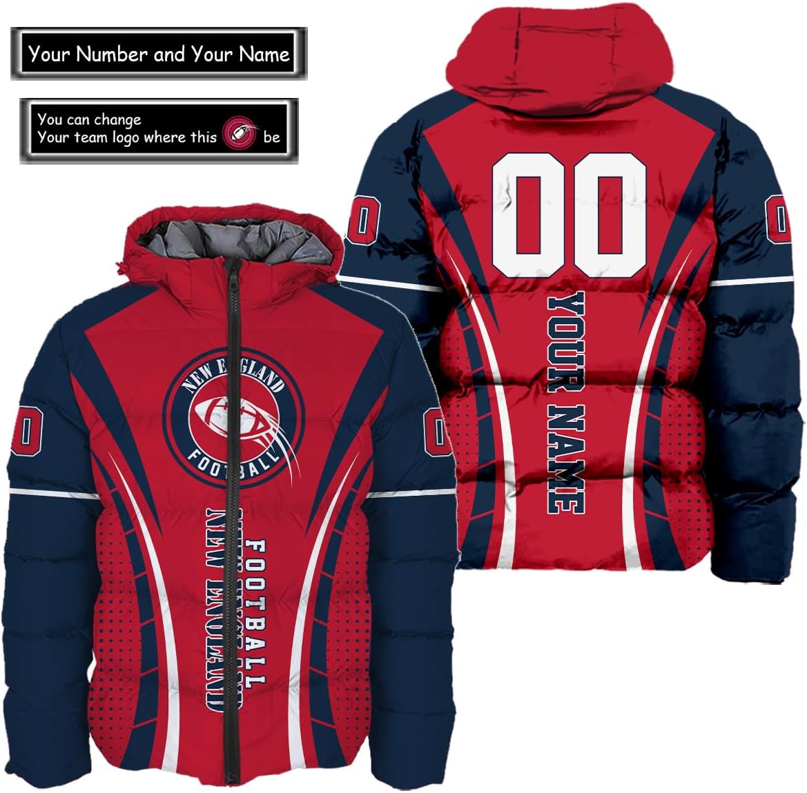 Personalized New England Football Team Patriots Men's Hooded Puffer Jacket