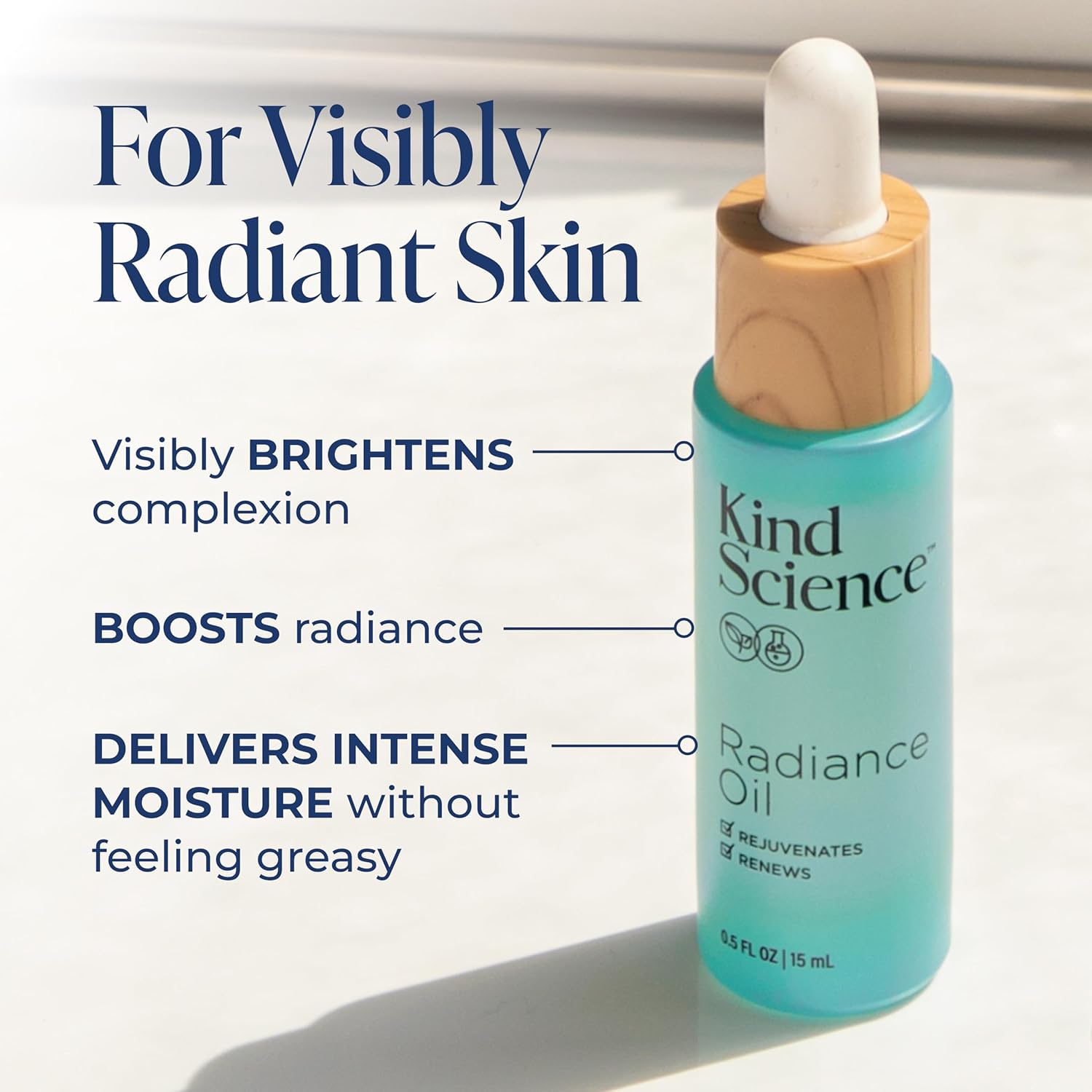 Kind Science Radiance Face Oil - Hydrating with Vitamin E, C & A, Bakuchiol, Jojoba & Moringa Oil - Anti Aging to Give Skin a Fresh, Dewy Look - Vegan, Paraben Free, Cruelty Free, 0.5 fl oz