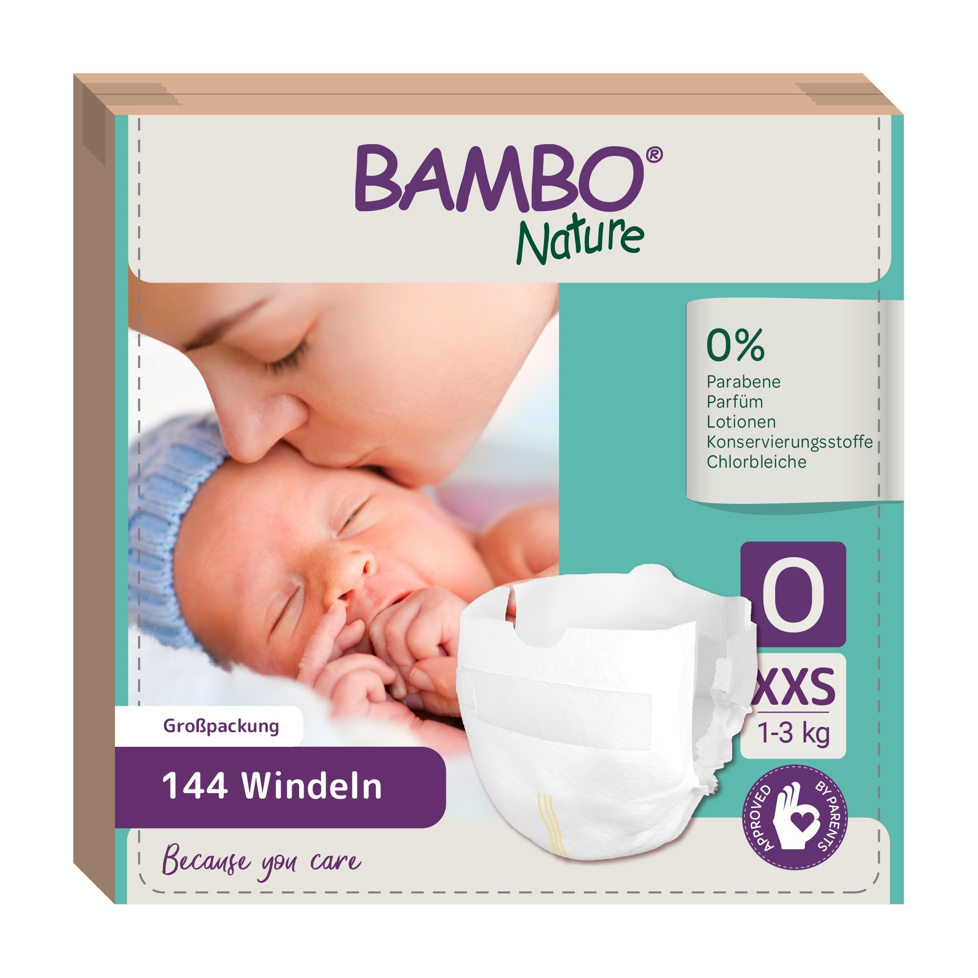 Bambo Nature Baby Windeln Größe 0 (1-3kg) 144 St. Monatsbox | Premium Diapers mit verbesserter Auslaufsicherheit | Ultimativer Komfort & Freiheit für Neugeborene | Dermatologisch getestete Nappies