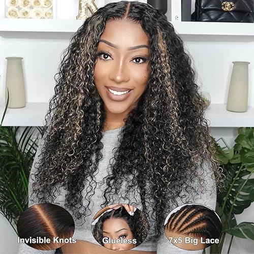 Miniatura 2 de UNICE Balayage - Pelucas de cabello humano con reflejos rubio negro y sin pegamento, precortadas, encaje rizado, 6 x 4.75 HD, cierre de encaje,