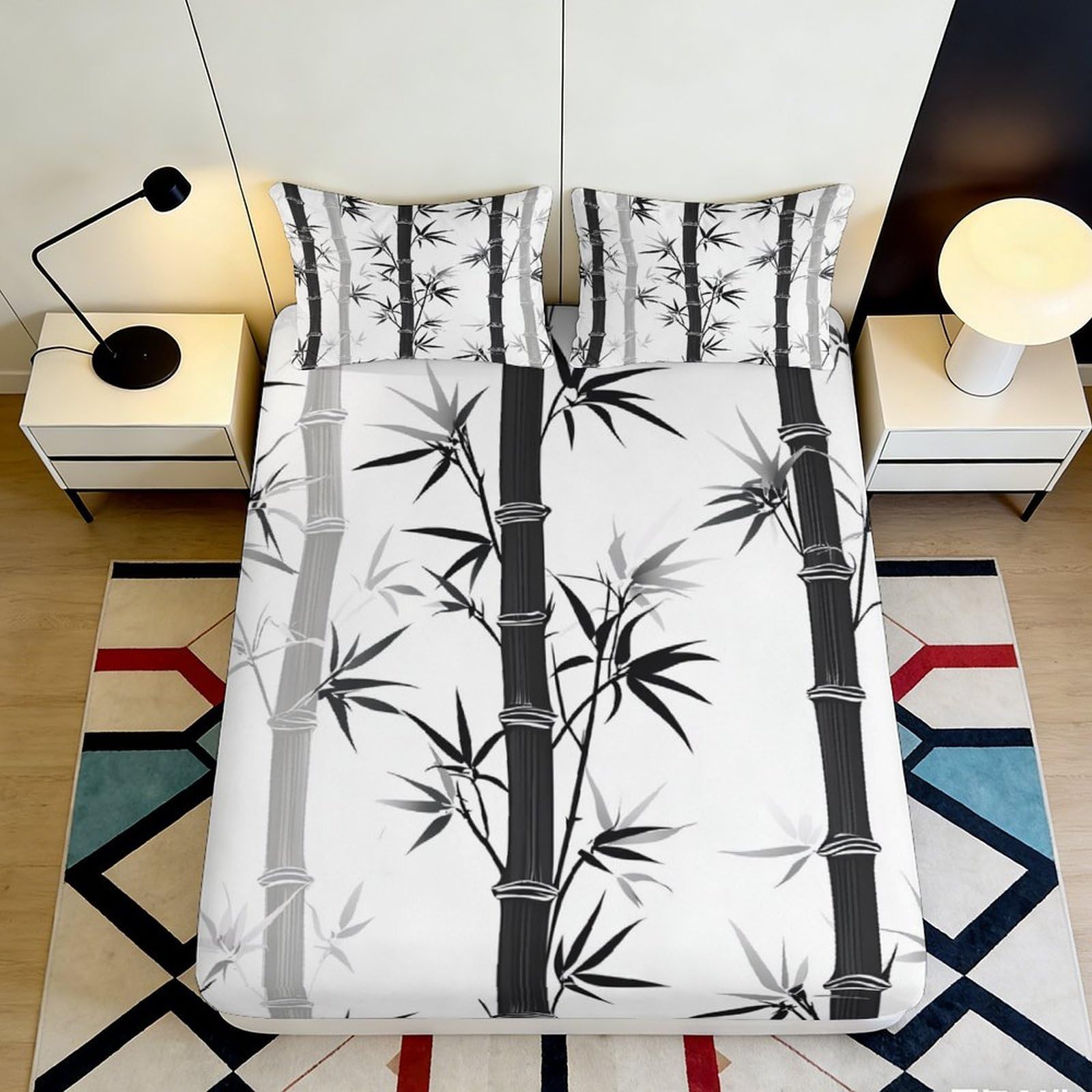 3D Printed Black Bamboo Fitted Sheet Microfiber Soft Anti-Slip Bed Cover for Bedroom Guest Room Dustproof Decor 120x200cm 90x200x25cm