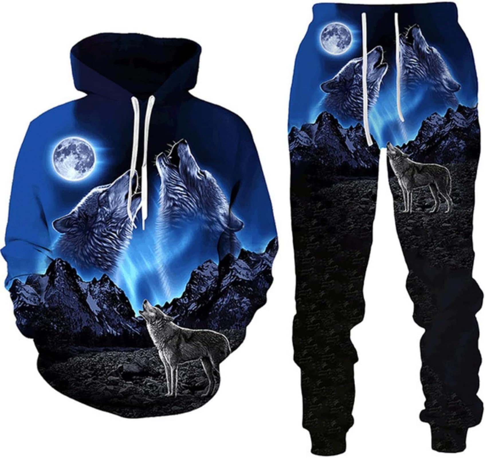hiegi 3D Wolf Men's Tracksuit, Hoodies+Long Trousers, Jogging Suit, 2-Piece Set for Men, 4XL