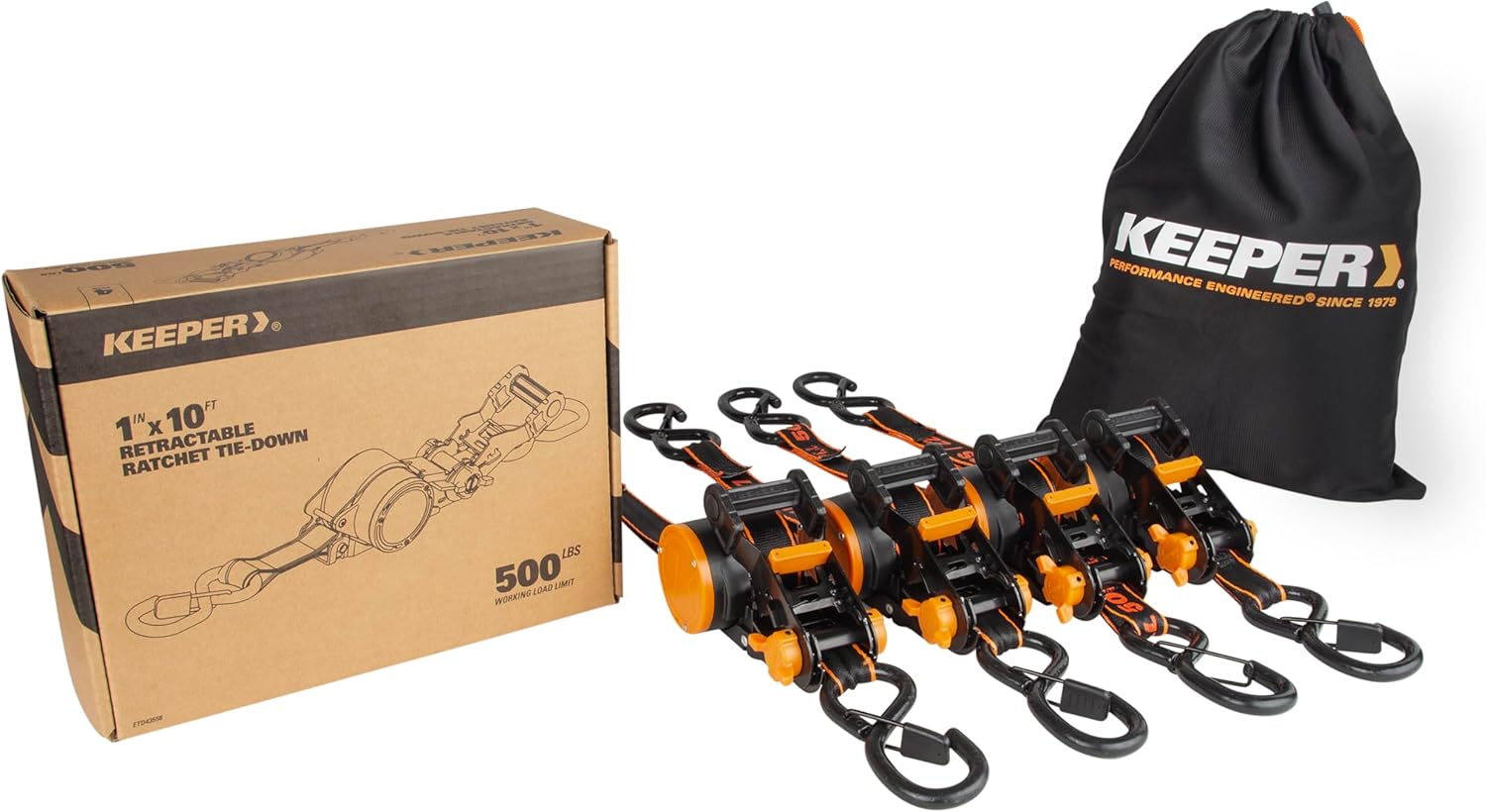 Keeper 2-Pack Retractable Ratchet Tie Down Straps – 1" x 10' Auto-Retract for Motorcycles, ATVs, UTVs, Moving & Trailer Loads – Safety Brake, Split Drum, 500 lbs WLL, S-Hooks with Clips
