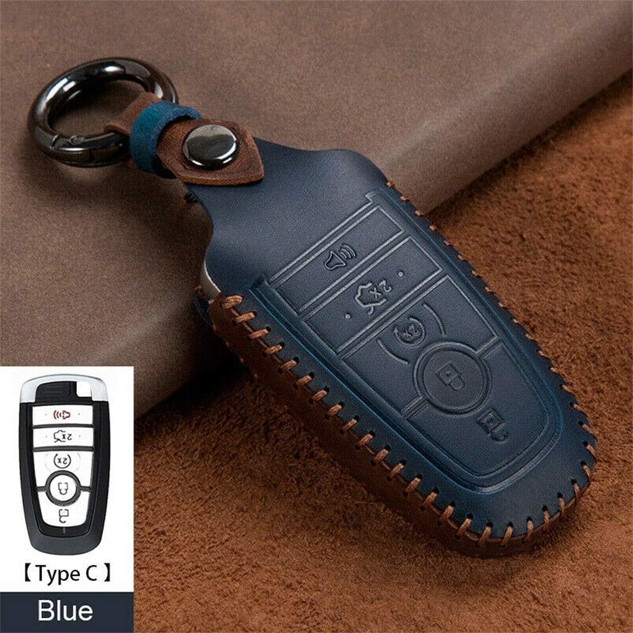 Retro Leather Remote Key Fob Holder Cover Case for Ford Edge Explorer Fusion Mustang F150 F250 F-350 F-450 (Blue)